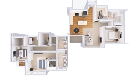 A white and wood floor plan of a house with a kitchen, living room, and bedrooms.