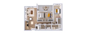 A white dollhouse with a brown couch and a white table.