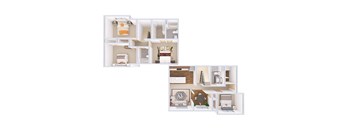 A dollhouse with various rooms and furniture.