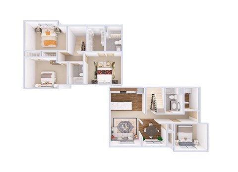 A dollhouse with various rooms and furniture.