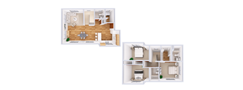 A floor plan of a two-story apartment with a living room, kitchen, and bedrooms.