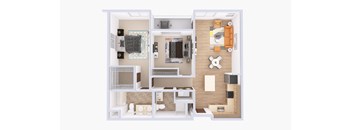 A 3D floor plan of a small apartment with a kitchen, living room, and bathroom.