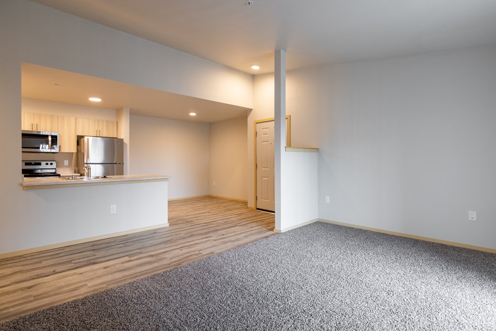 View of the living room, entrance and kitchen