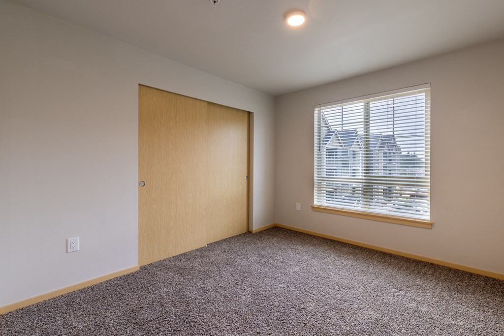 A brightly lit bedroom with a closet