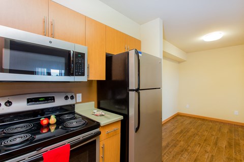 a kitchen with stainless steel appliances and a refrigerator