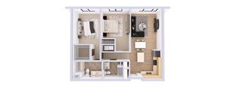 A 3D floor plan of a small apartment with a bedroom, living room, and kitchen.
