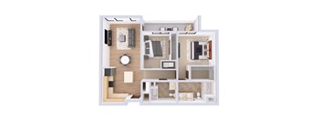A 3D floor plan of a small apartment with a kitchen, living room, and bathroom.