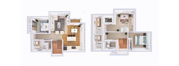 A floor plan of a two-story house with a living room, kitchen, and bedrooms.