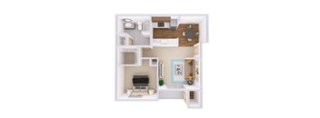 A white dollhouse with a kitchen, living room, and bathroom.