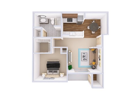 A white dollhouse with a kitchen, living room, and bathroom.