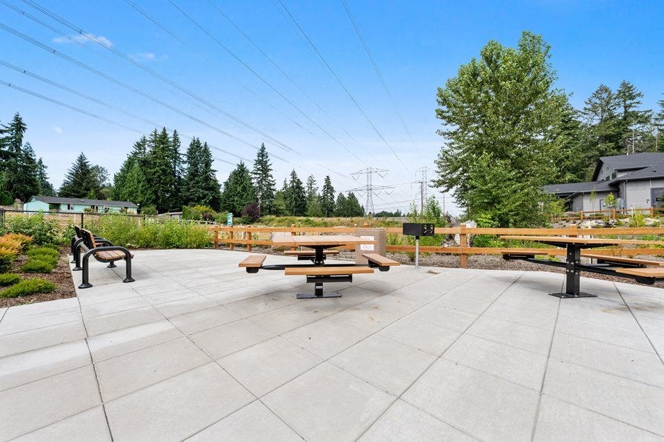picnic tables on the patio of a building with trees