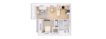 A top-down view of a small, neatly organized apartment with a kitchen, living room, and bedroom.
