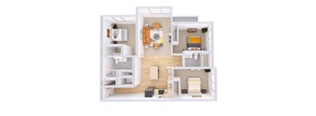 A white and wood floor plan of a small apartment.