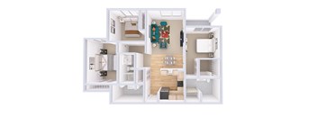 A 3D floor plan of a small apartment with a kitchen, living room, and bathroom.