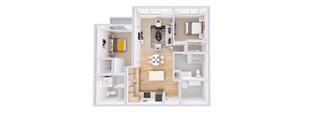 A white floor plan of a small apartment with a kitchen, living room, and bathroom.