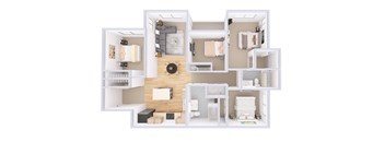 A white 3D floor plan of a small apartment with a kitchen, living room, and bathroom.