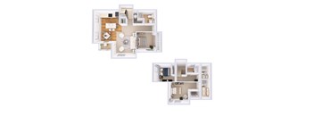 A floor plan of a two-story apartment with a living room, kitchen, and bedrooms.