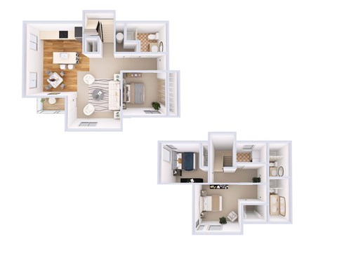A floor plan of a two-story apartment with a living room, kitchen, and bedrooms.