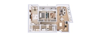 A 3D floor plan of a house with a kitchen, living room, and bathroom.