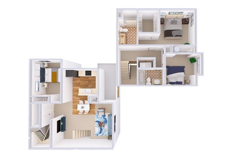 A diagram of a house layout with a kitchen, living room, bedrooms, and bathrooms.