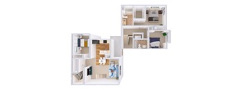 A diagram of a house layout with a kitchen, living room, bedrooms, and bathrooms.
