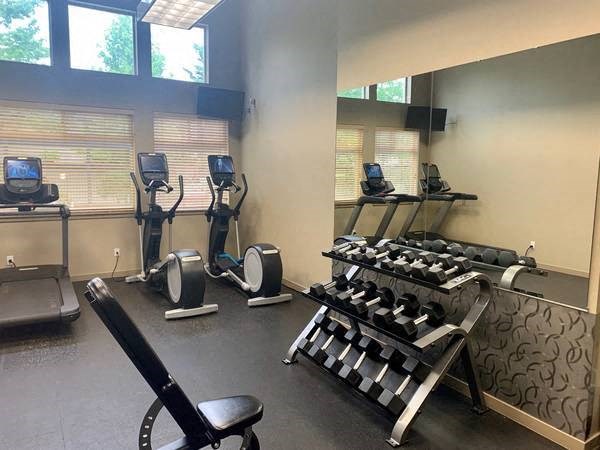 a gym with a row of weights and cardio machines