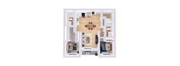 A top down view of a small apartment with a living room, kitchen, and bedroom.
