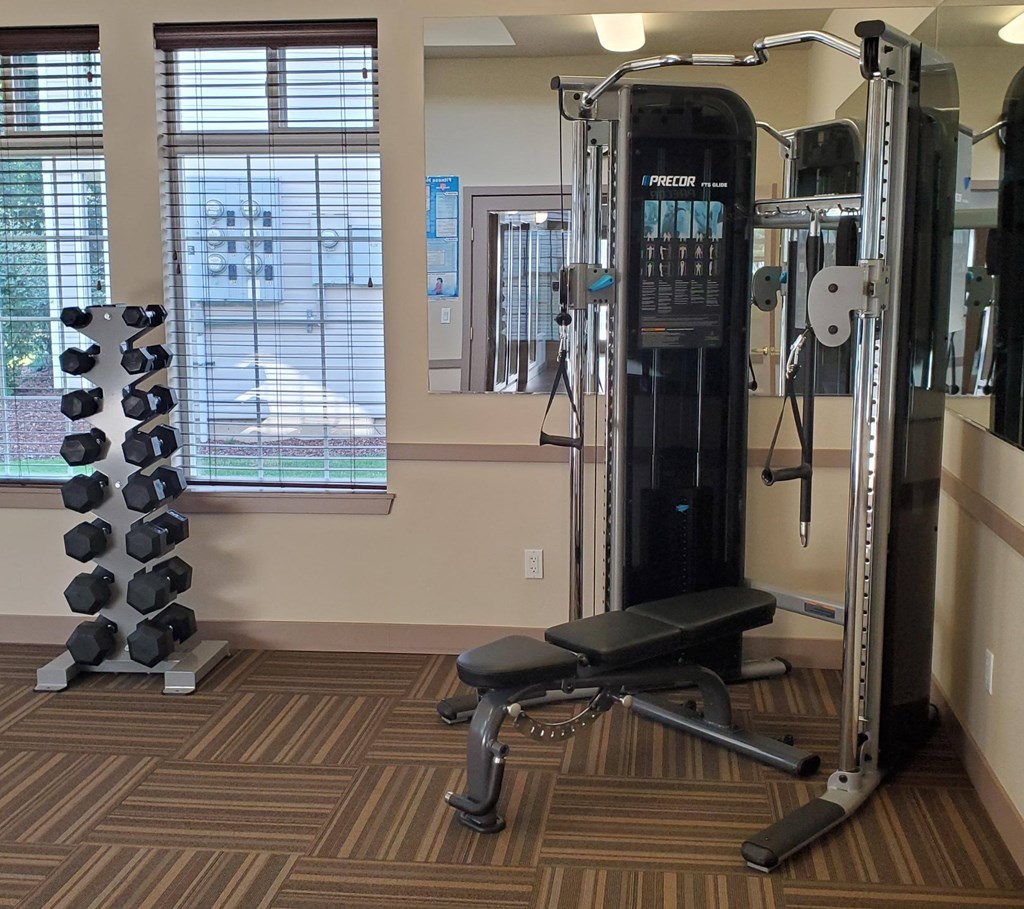 a gym with weights and cardio equipment in a rehab room