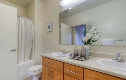 A bathroom with a white toilet, a wooden vanity, and a white shower curtain.