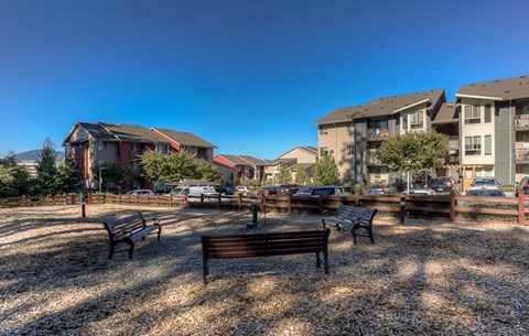 A park with benches and trees in front of apartment buildings.