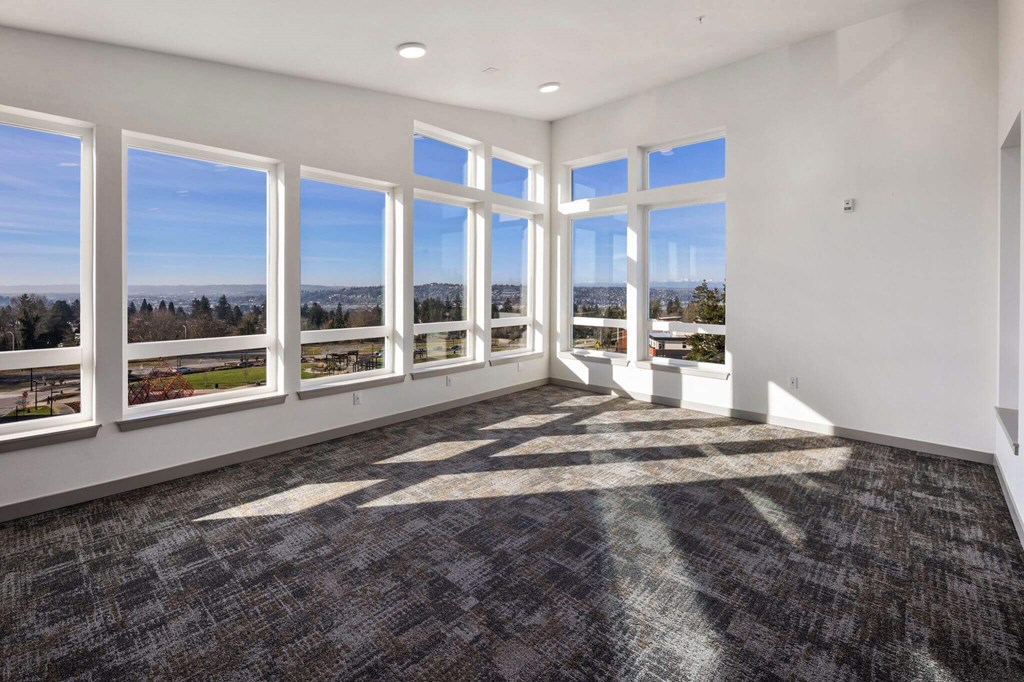 A large room with a carpeted floor and a view of the outdoors through the windows.