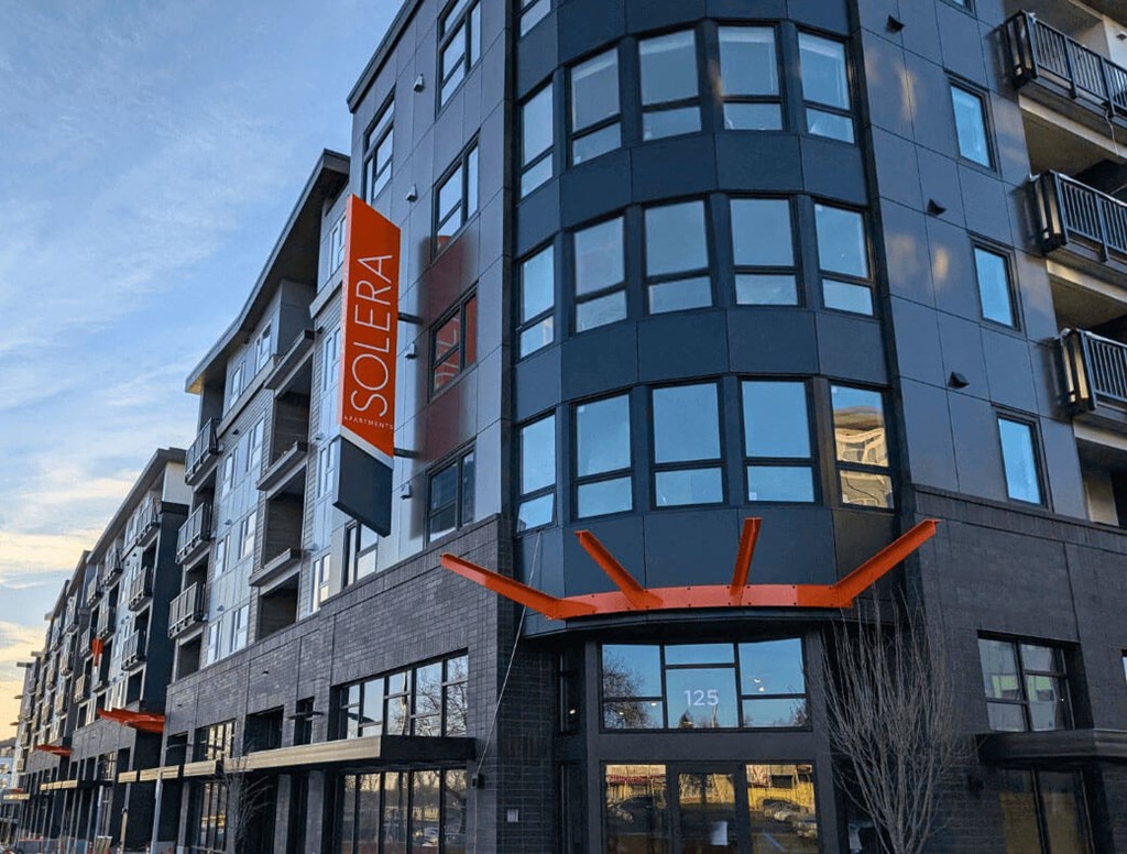 A modern building with the name