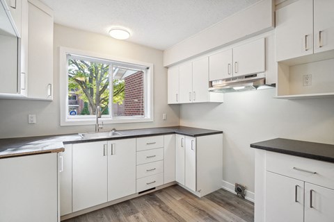 A kitchen with white cabinets and a window.