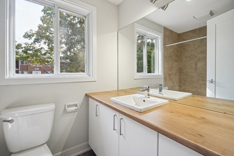 A bathroom with a toilet, sink, and mirror.