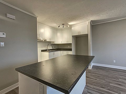 A kitchen with a black countertop and white cabinets.