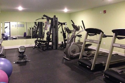 A gym with a variety of equipment including treadmills, weights, and exercise balls.