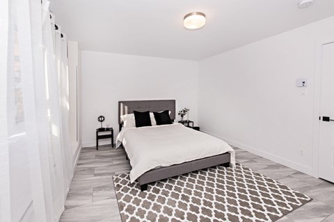 A bedroom with a large bed and a patterned rug.