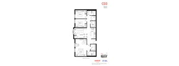 A floor plan for a 1,240 square foot, 3 bedroom apartment.