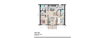 A floor plan of a 2 bedroom apartment with a kitchen, dining room, bathroom and laundry room.
