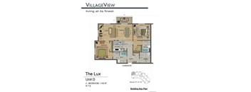A floor plan for a unit at VillageView shows a living area, a dining area, a kitchen, a bathroom, and two bedrooms.