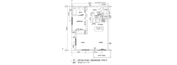 A drawing of a floor plan for a one bedroom apartment.