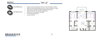 A floor plan for a 791 square foot suite G at Brunswick showing two bedrooms and two bathrooms.