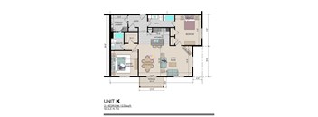 A floor plan of a 2 bedroom apartment with a living room, kitchen, bathroom, and other rooms.