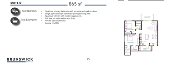 A floor plan for a 865 sf suite with two bedrooms and two bathrooms.