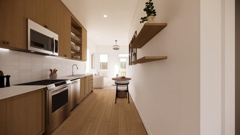 A modern kitchen with wooden cabinets and stainless steel appliances.