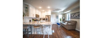 A kitchen with a bar area and a couch in the living room.