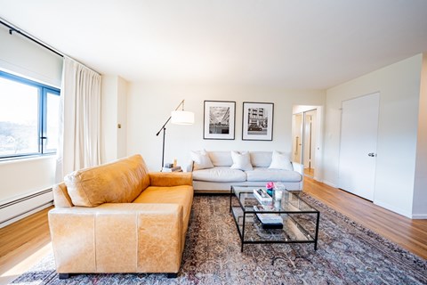 A living room with a tan couch and a white couch.