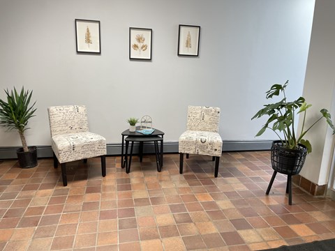 Two chairs and a table are in a room with a plant on the right.