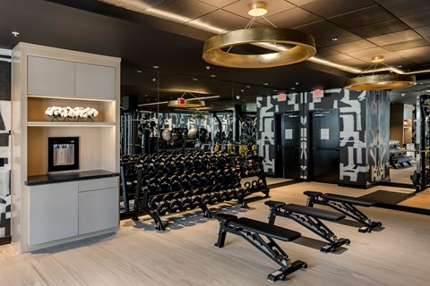 A gym with a row of black treadmills and a white cabinet with a vase of white flowers on top.