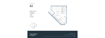 A floor plan for a residence showing a living room, dining room, kitchen, and two bedrooms.